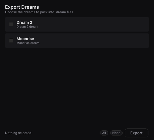 The Export Dreams picker, with the All, None and Export buttons.