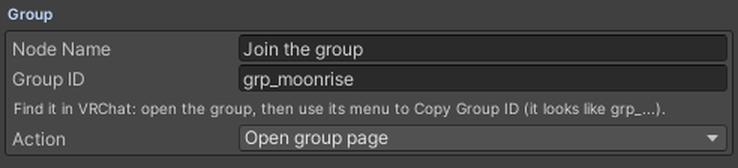 The Group block: the Group ID, where to find it, and Action.