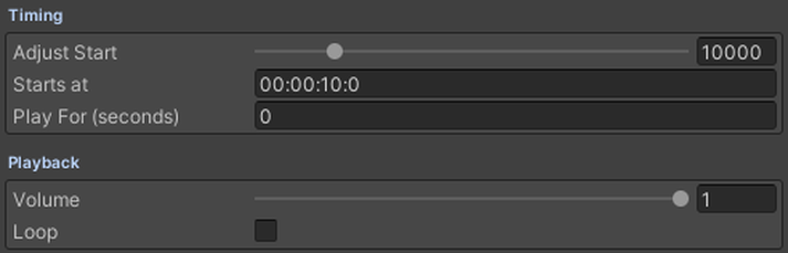 Play For, Volume and Loop. Play For 0 plays the clip once.