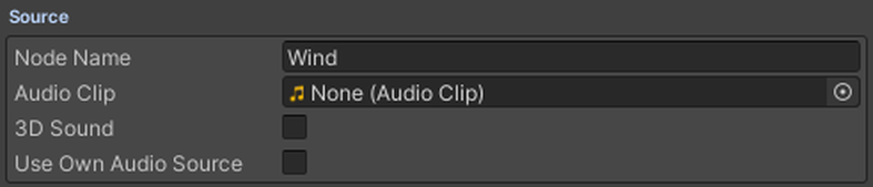 The Audio Clip field, still empty on this Sound node.